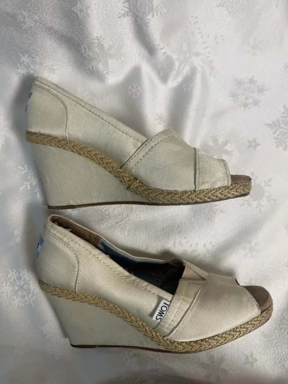 TOMS Beige Canvas Espadrille Peep Toe Wedge Heels